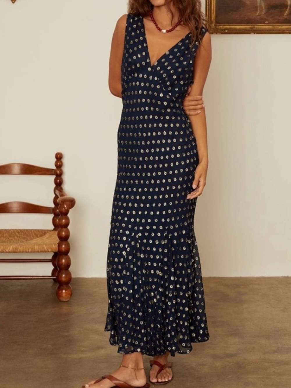 Ciao Lucia Clarette Navy Blue Gold Metallic Dot Georgette Slip Midi Dress M